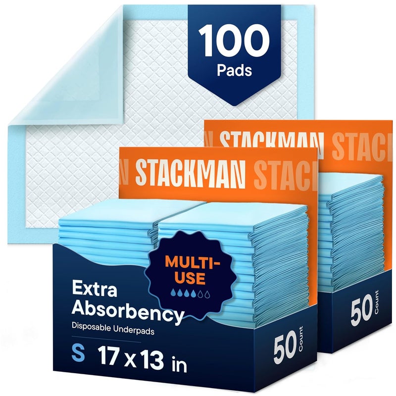 Stack Man Disposable Changing Pads [100-Pack] Diaper Pad for Baby, Puppy & Dog - Pee & Wee Underpads - Chux Potty Training Liner - Changing Table Cover - 17"x13" Leak-Proof Liners for Incontinence & Travel Use - Image 1